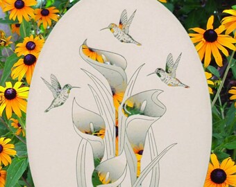 Lilies and Hummingbirds Oval Static Cling Window Decal 15 inches x 23 in - White w/Clear Design