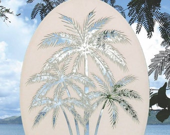 White with Clear Design Elements 8 x 12 Oval Leaning Palm Trees Etched Window Decal Vinyl Glass Cling