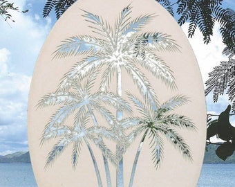 Palm Trees Center Oval Static Cling Window Decal 15" x 23" - Blanc avec motif transparent