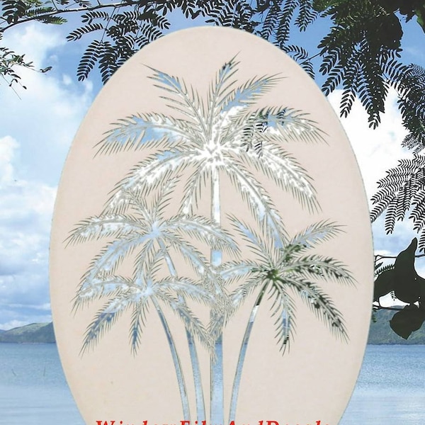 Palm Trees Center Oval Static Cling Window Decal 21" x 33" - White w/Clear Design
