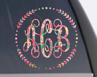 Tropical Dream Pink Floral Custom Circle Monogram Car Truck Window Decal - Pink and Green Flowers Vinyl w/ Personalized Initials Stickers