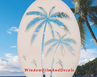 Palm Trees (Left Leaning) Oval Static Cling Window Decal 4" x 6" - White w/Clear Design