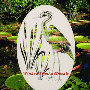 Right Facing Egret & Cattails Oval Static Cling Window Decal 8" x 12" - White w/Clear Design