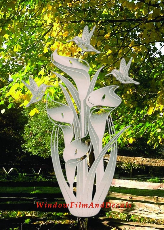 White with Clear Design Lilies and Hummingbirds Oval Static Cling Window Decal 12 x 8