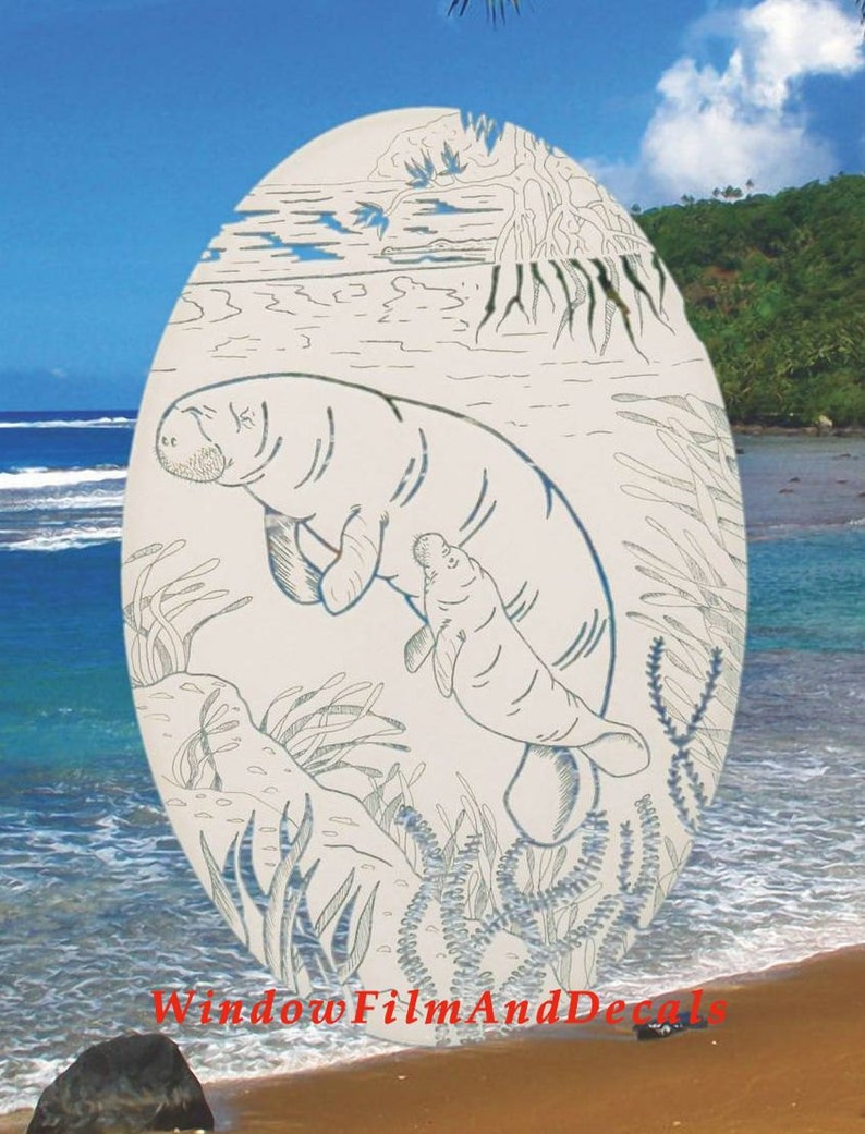 Manatee Scene Oval Static Cling Window Decal 21 x 33 White wClear Design