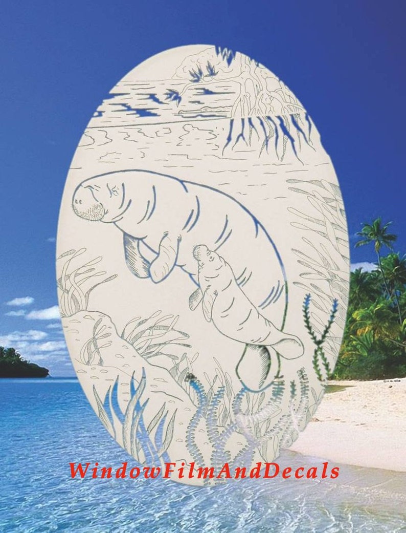 Manatee Scene Oval Static Cling Window Decal 21 x 33 White wClear Design