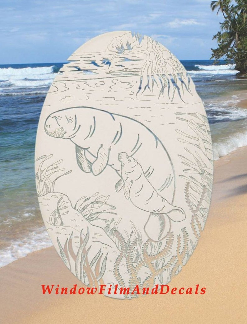 Manatee Scene Oval Static Cling Window Decal 21 x 33 White wClear Design