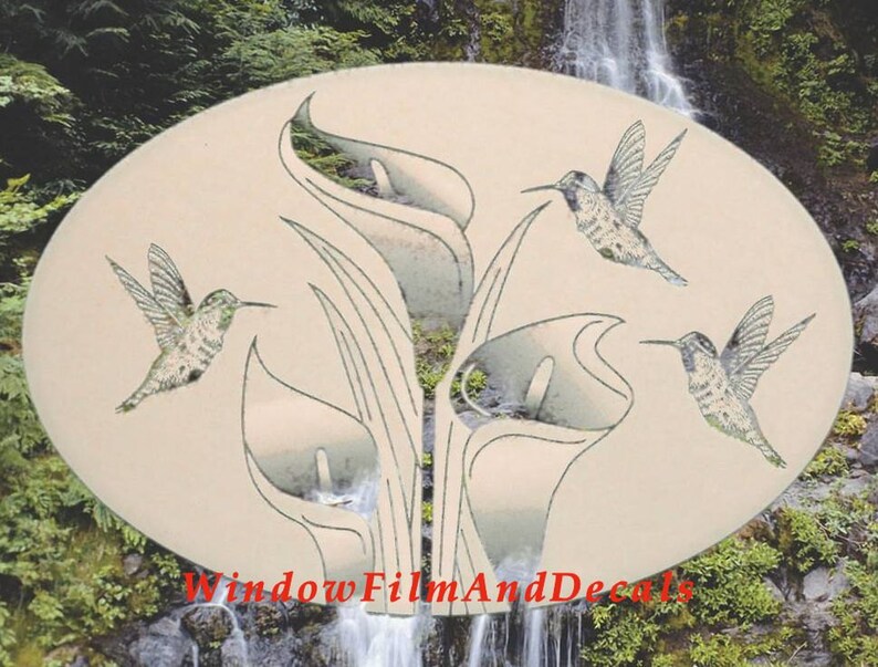 White with Clear Design Lilies and Hummingbirds Oval Static Cling Window Decal 12 x 8