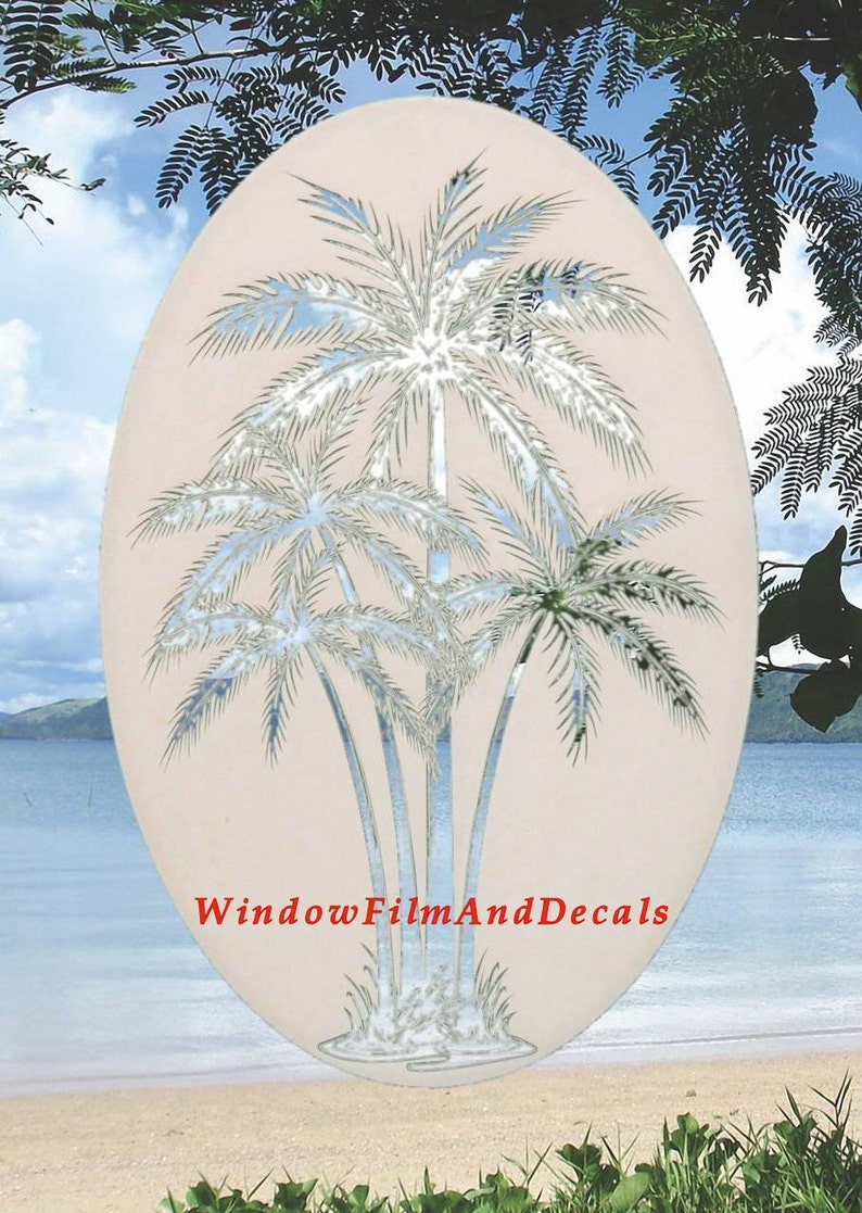 Palm Trees Center Oval Static Cling Window Decal 26 x 41 White w/Clear Design image 1