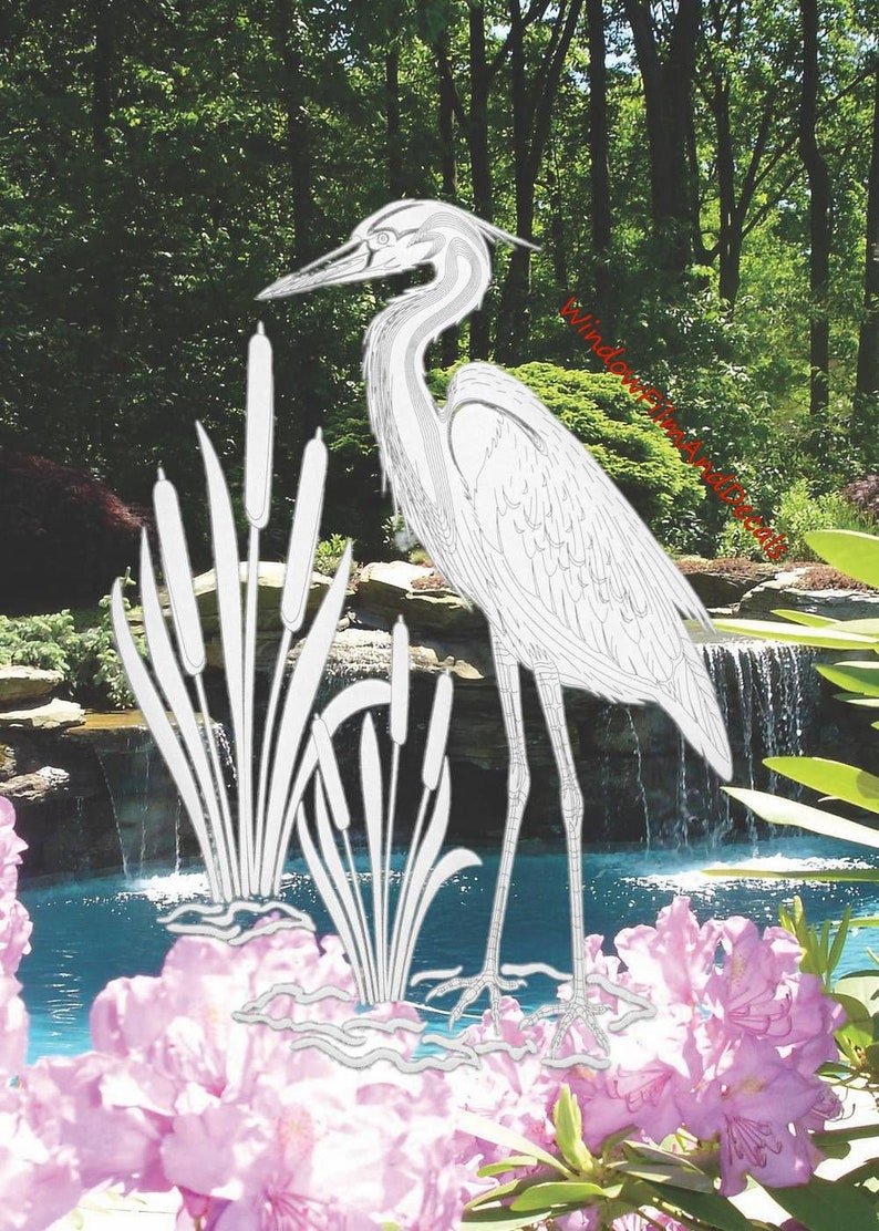 Egret & Cattails Right Facing Oval Static Cling Window Decal 10.5 x 16 Rev Clear w/White Design image 5