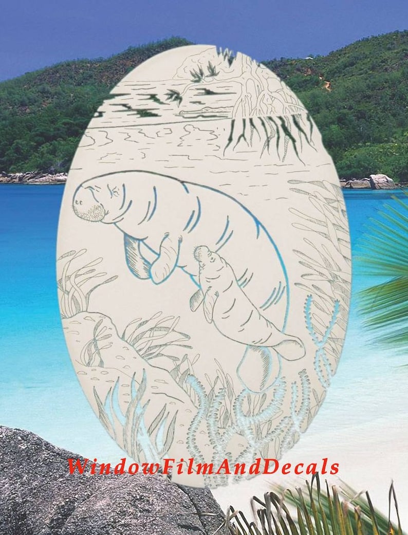 Manatee Scene Oval Static Cling Window Decal 21 x 33 White wClear Design