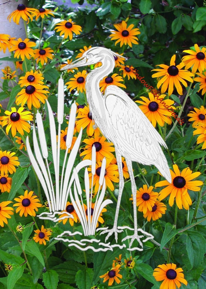 Egret & Cattails Right Facing Oval Static Cling Window Decal 10.5 x 16 Rev Clear w/White Design image 2