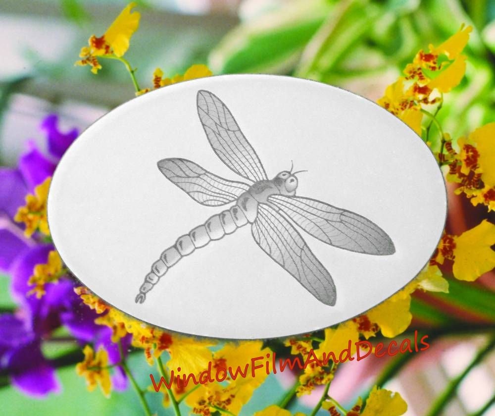DRAGONFLY SCENE WINDOW CLING New Oval 12x8 Etched Glass Look Decals Floral Decor 