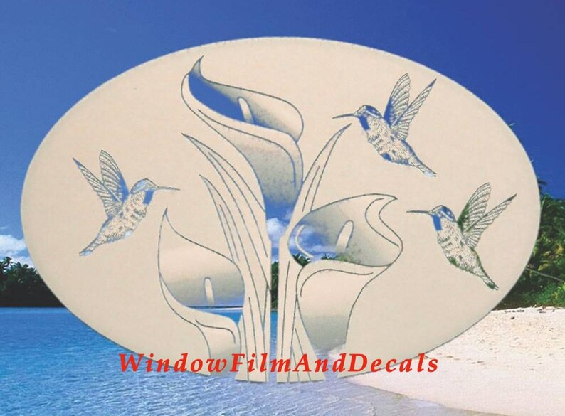 White with Clear Design Lilies and Hummingbirds Oval Static Cling Window Decal 12 x 8