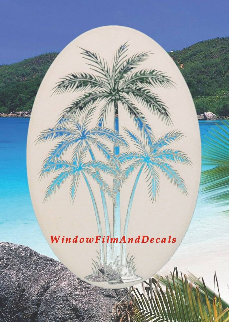 Palm Trees Center Oval Static Cling Window Decal 26 x 41 White w/Clear Design image 2