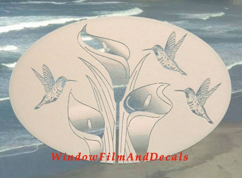 White with Clear Design Lilies and Hummingbirds Oval Static Cling Window Decal 12 x 8