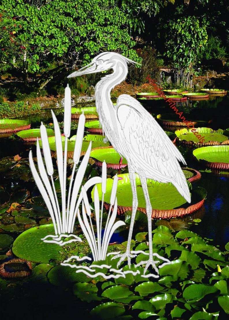 Egret & Cattails Right Facing Oval Static Cling Window Decal 10.5 x 16 Rev Clear w/White Design image 1