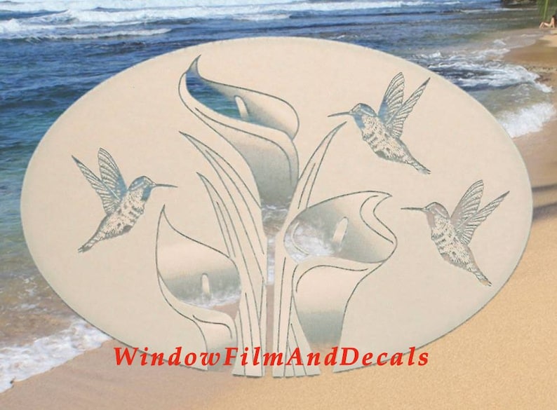 White with Clear Design Lilies and Hummingbirds Oval Static Cling Window Decal 12 x 8