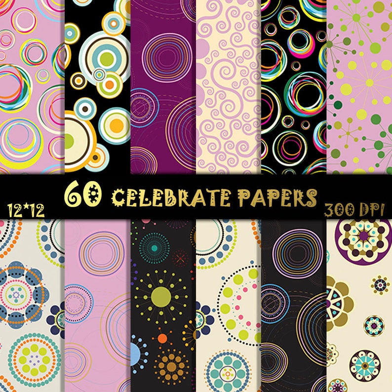 60 Celebrate Digital Papers Circles Scrapbook Paper Flower Etsy