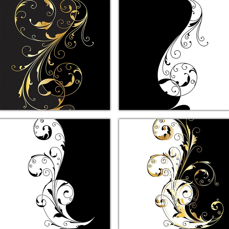 BlackWhite Scrapbook Paper Gold Floral Patters Wedding Etsy