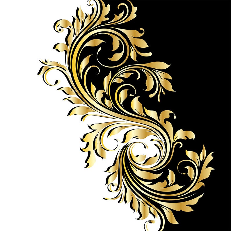 Blackwhite Scrapbook Paper Gold Floral Patters Wedding Etsy