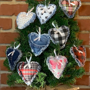 Heart Shaped Denim and Burlap Christmas Ornaments —