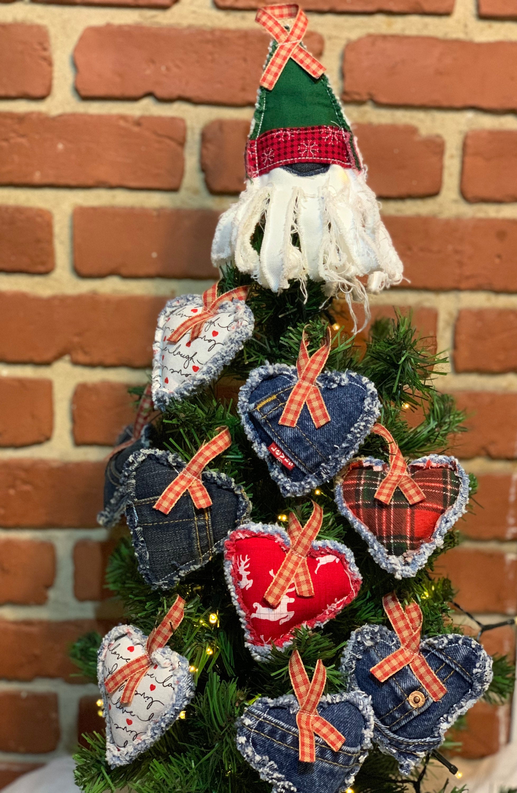 Heart Shaped Denim and Burlap Christmas Ornaments —