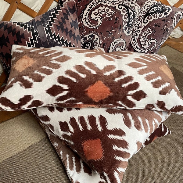 CREAM and Browns IKAT print long CUSHION cover / Bolster cotton velvet 76cm x 36cm