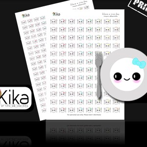 May include: Printable sheet of 100 cute cartoon plates and forks with different colored accents. The sheet is labeled "Have a nice day" and "Kika printables".