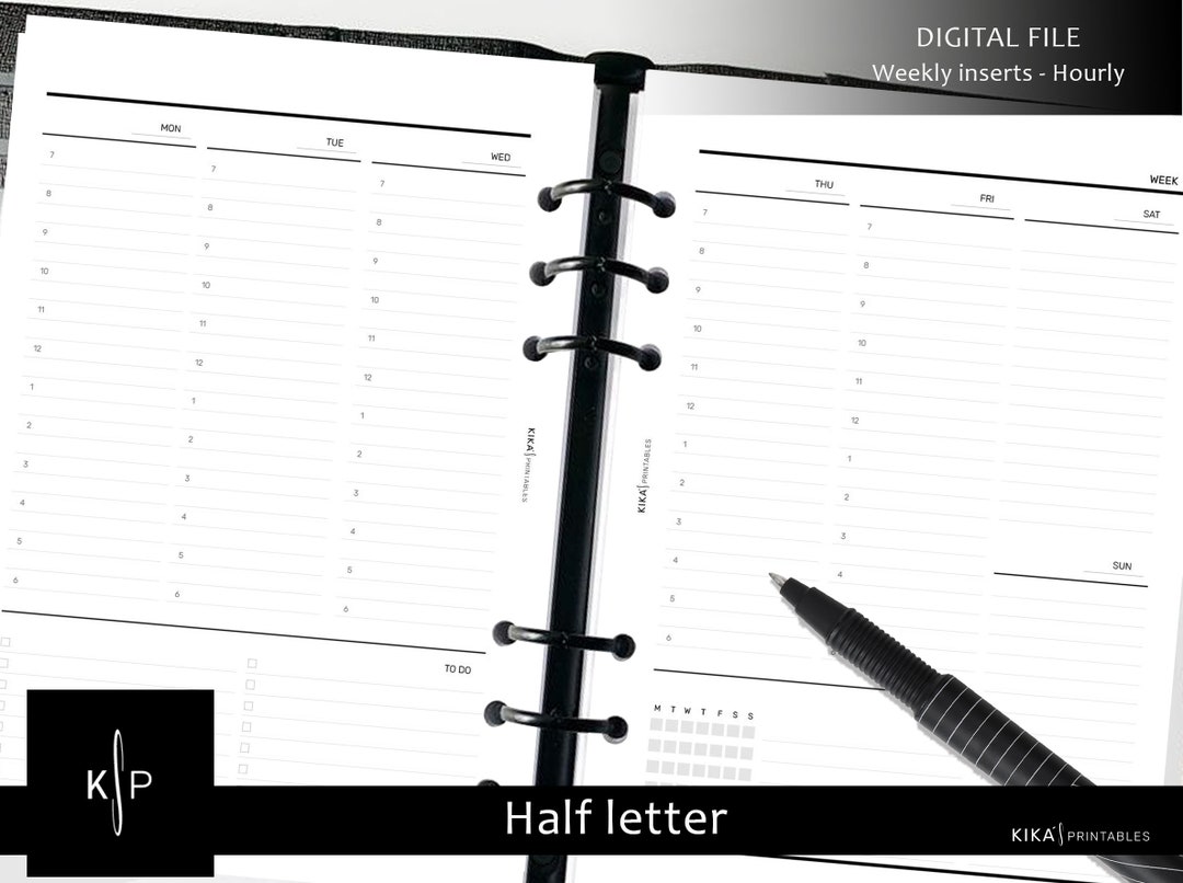 Half Letter WO2P Hourly - Vertical Layout Printable Inserts- Half ...