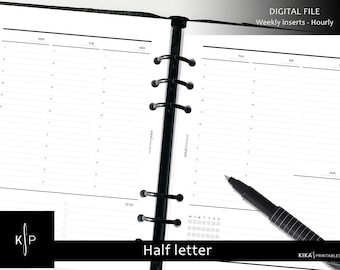 Media letra WO2P Cada hora - Diseño vertical Inserciones imprimibles- Inserciones PDF del planificador semanal de media letra- Agenda semanal mínima- Descarga digital