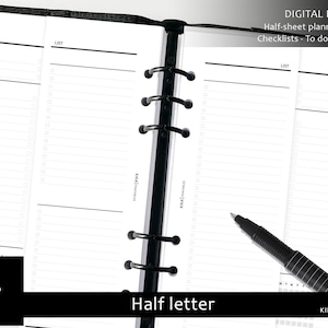 Puede incluir: Un inserto de planificador imprimible en blanco y negro para un planificador de tamaño medio. El inserto tiene secciones para listas de verificación, listas de tareas y rutinas. El texto "DIGITAL FILE" y "Half-sheet planner insert" está en la parte superior de la página. El texto "Checklists - To do - Routines" está debajo del título. El texto "LIST" está en la parte superior del lado izquierdo de la página. El texto "WEEK" está en la parte superior del lado derecho de la página. El texto "TOP 3" está debajo del encabezado "WEEK". El texto "TO DO" está debajo del encabezado "TOP 3". El texto "TRACKER" está en la esquina inferior derecha de la página. El texto "KIKA PRINTABLES" está debajo del encabezado "TRACKER". El texto "Half letter" está en la parte inferior de la página.