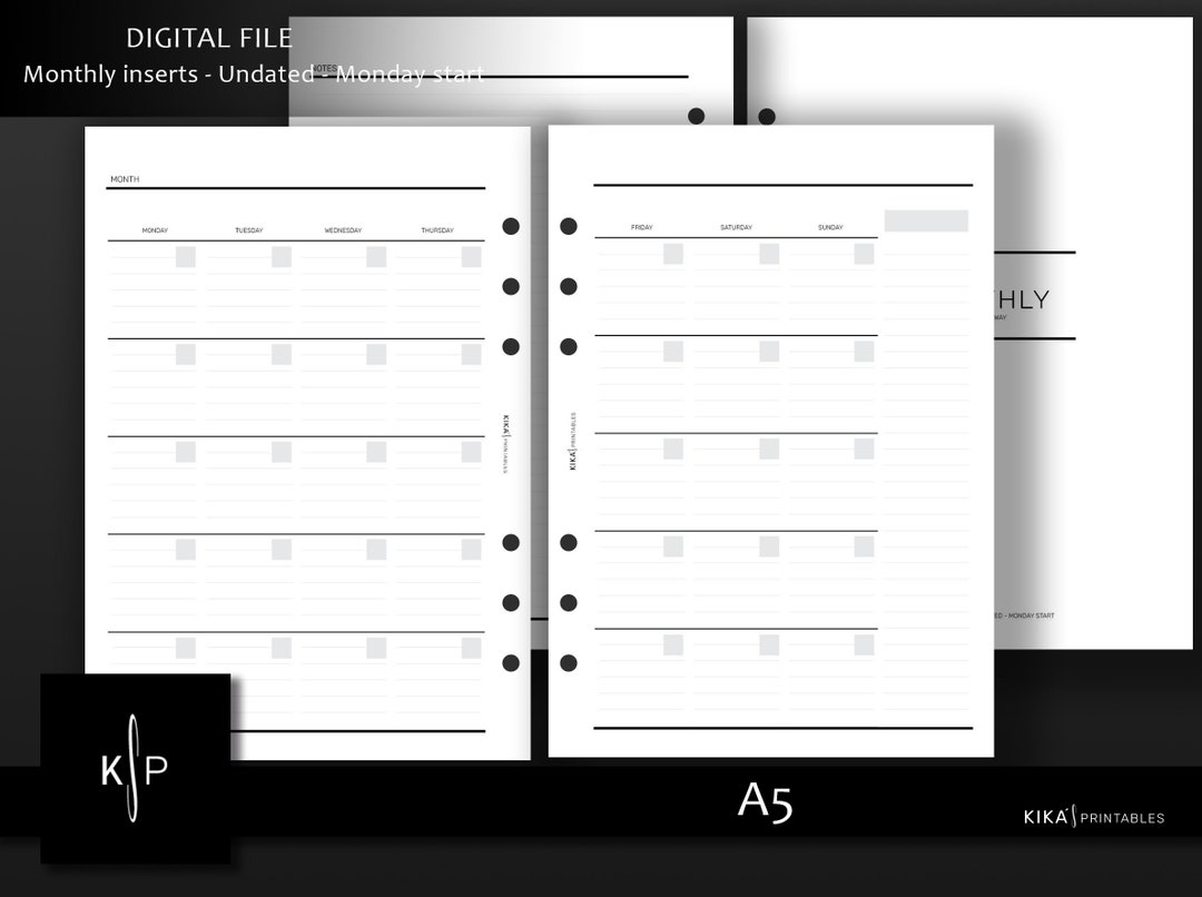A5 Printable - Minimal Monthly Planner Inserts | Month on 2 Pages ...
