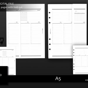 A5 Hourly week on 2 pages with fold out - Printable weekly, vertical layout - Undated weekly calendar for A5 planners - Digital files (W018)