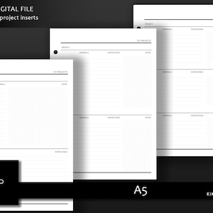 May include: Printable A5 planner insert with three sections for DIY projects. Each section has columns for project name, materials, instructions, and notes. The insert is designed for use in a disc-bound planner.