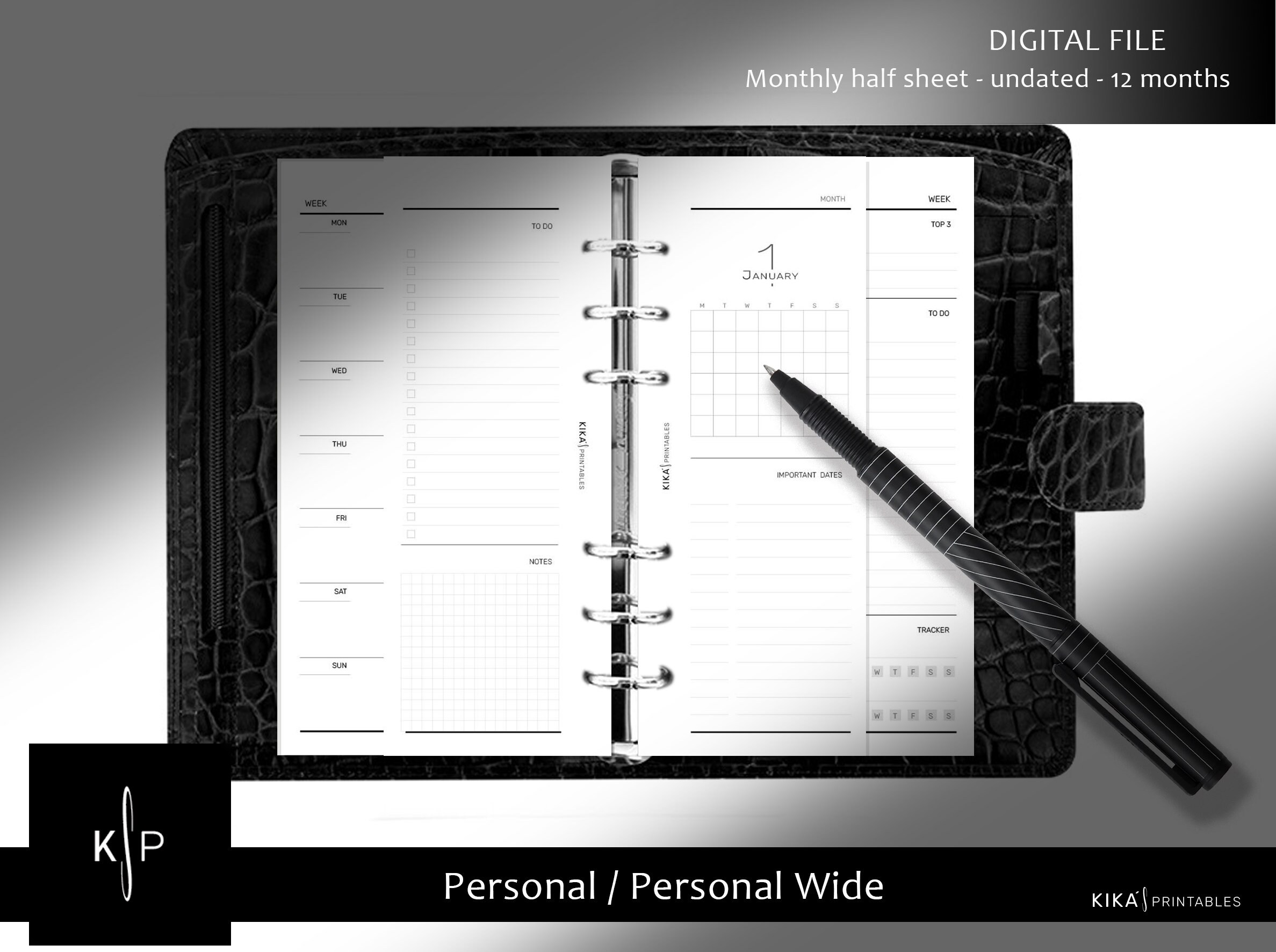 Monthly Half Sheet Undated Printable Personal and Personal Wide Planner ...