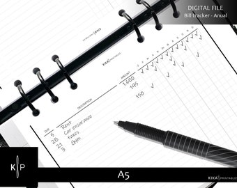 May include: A black and white printable bill tracker with a black binder. The tracker has columns for due date, description, amount, and months of the year. The text "DIGITAL FILE Bill tracker - Anual" is at the top of the page. The text "A5" is at the bottom of the page.