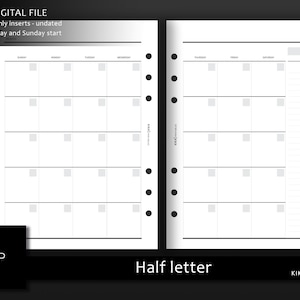 Mes en 2 páginas sin fecha - Inserción del planificador de media carta imprimible - Calendario/horario mininal mensual - Planificador imprimible MO2P - PDF digital