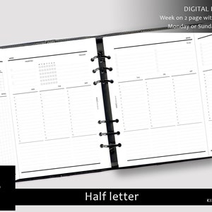Mezza lettera Settimana oraria su 2 pagine con piega - Settimanale stampabile, layout verticale - Agenda a mezza lettera con calendario settimanale senza data - (W018)
