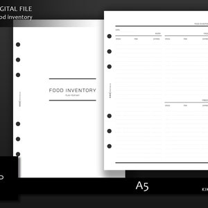 May include: A printable A5 size food inventory planner with sections for pantry, fridge, and freezer. The planner has columns for item, quantity, and expiry date.