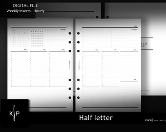 Insertos de planificador vertical imprimibles para semana en 2 páginas – Calendario semanal por horas en formato media carta estadounidense – Organizador semanal minimalista (W216)