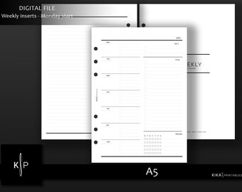 A5 printable - Minimal weekly planner inserts | Week on 1 pages horizontal WO1PH | Printable Planner Inserts, A5 Agenda - Instant Download