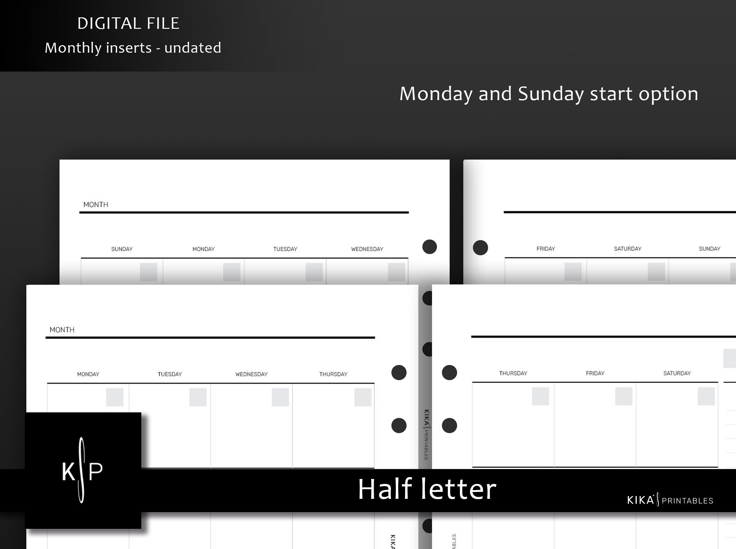 Month on 2 Pages Undated - Printabe Half Letter Planner Insert ...