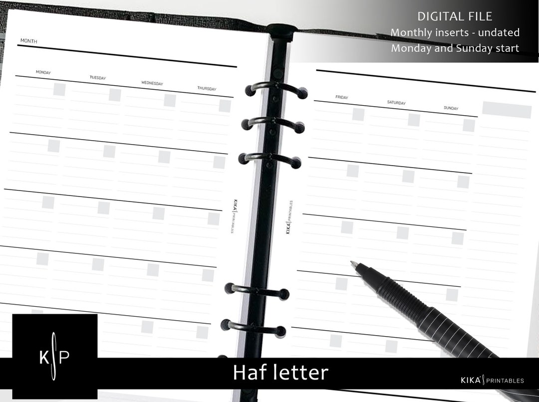 MO2P Printable Planner Inserts UNDATED - Half Letter Monthly Planner ...