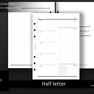 May include: A black and white printable planner page for a half-letter size planner. The page is divided into five sections for each day of the week, Monday through Friday. There is a section for notes and a monthly calendar tracker.