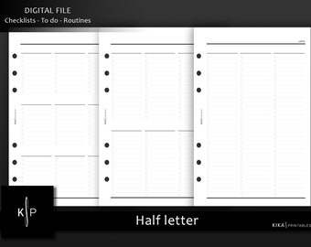 Printable To Do list planner inserts - Half sheet | 3 options. Checklists, routines | Minimal US half letter size inserts - Instant Download