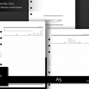 Guest list & Dietary restrictions printable inserts| A5 Minimal party guest planning inserts for A5 ring planners| Inserts, Instant Download