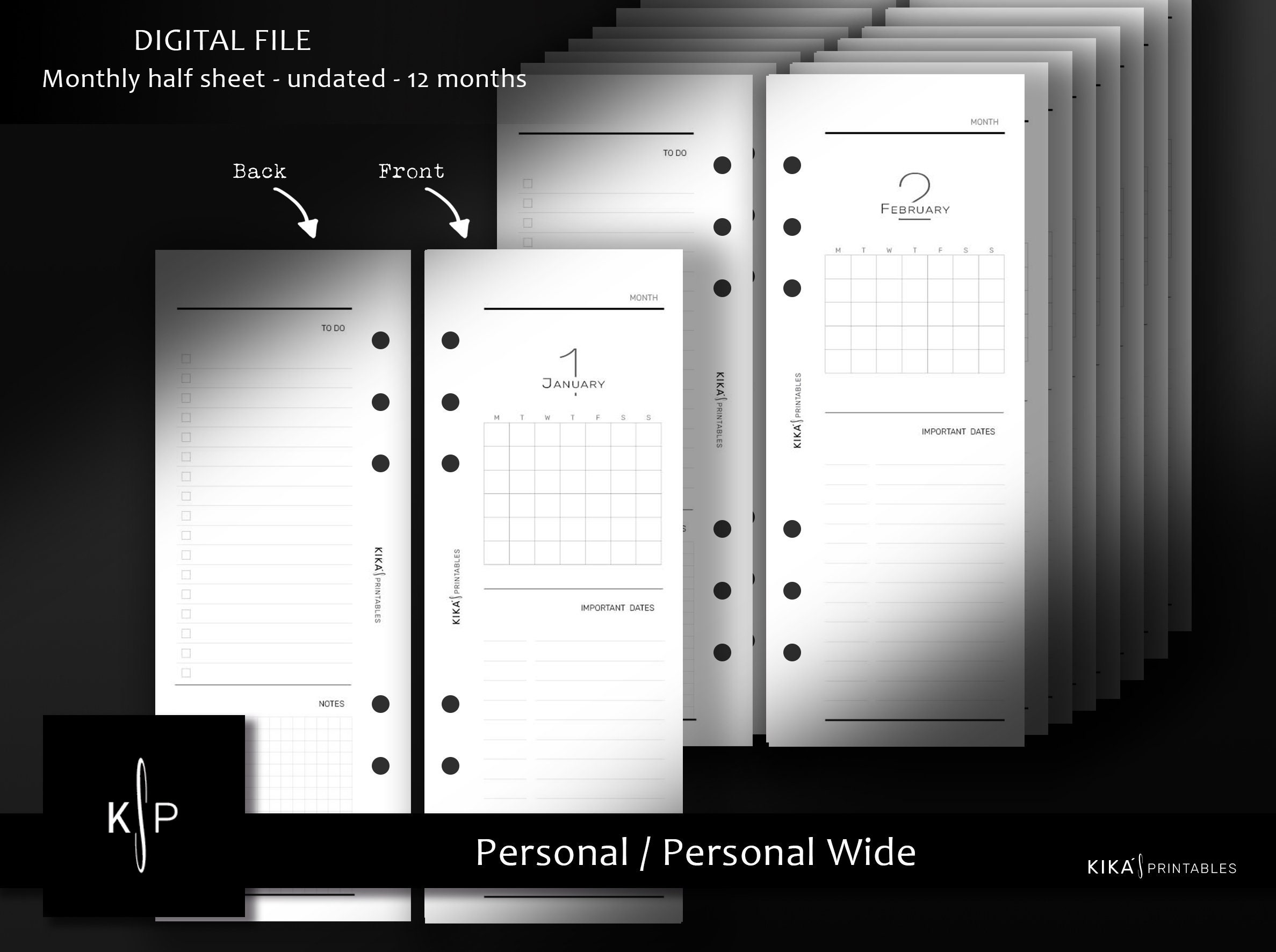 Monthly Half Sheet Undated Printable- Personal and Personal Wide ...