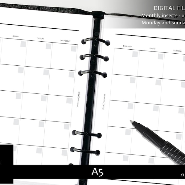 Undated Month on 2 pages planner insert - A5 printable monthly calendar - Montly undated agenda  -  MO2P Layout Template - Digital PDF