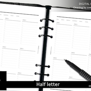 May include: A black and white printable cleaning schedule for a half-letter size binder. The schedule is divided into seven zones and includes columns for daily, weekly, monthly, quarterly, yearly, and other tasks.